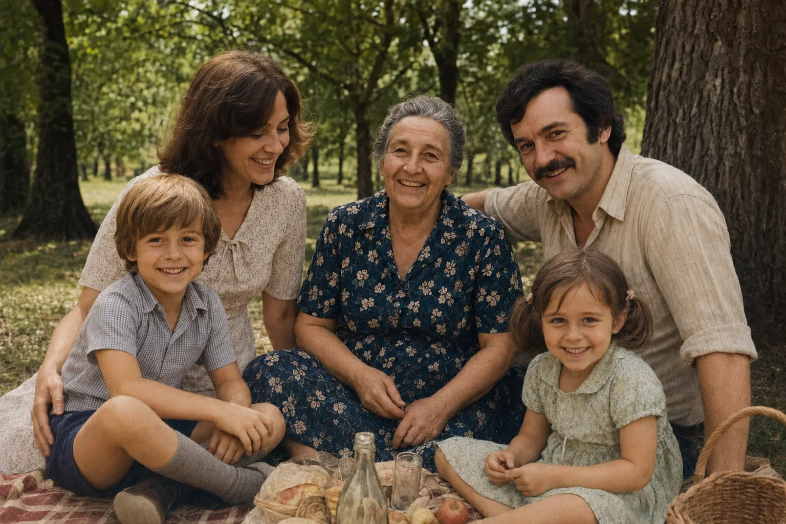 Version restaurée illustrative de la même scène familiale, avec rayures atténuées et couleurs proposées